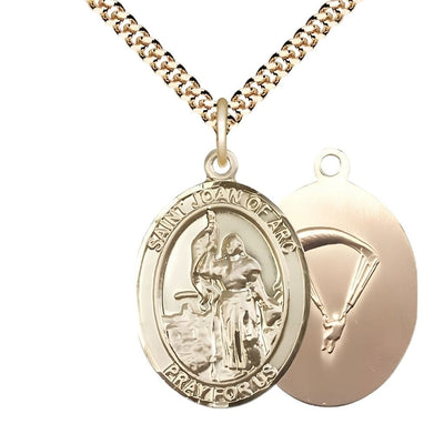 St. Joan of Arc Paratrooper 14kt Gold-filled Oval Medal Pendant with Gold-plated Chain, Measures 1-inch tall by 3/4-inch wide. Deluxe Gift Box, Bliss Manufacturing