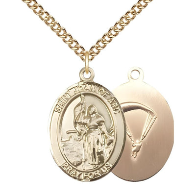 St. Joan of Arc Paratrooper 14kt Gold-filled Oval Medal Pendant with Gold-filled Chain, Measures 1-inch tall by 3/4-inch wide. Deluxe Gift Box, Bliss Manufacturing
