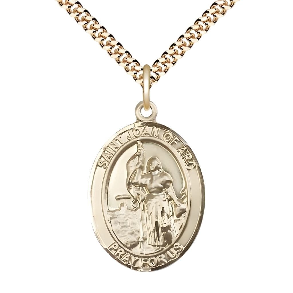 Bliss St. Joan of Arc 14kt Gold-filled Oval Medal Pendant with Gold-plated Chain, Measures 1-inch tall by 3/4-inch wide. Deluxe Gift Box.