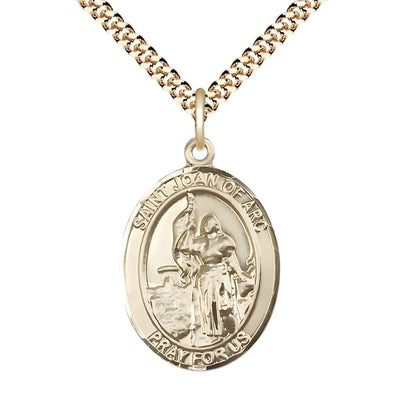 St. Joan of Arc 14kt Gold-filled Oval Medal Pendant with Gold-plated Chain, Measures 1-inch tall by 3/4-inch wide. Deluxe Gift Box, Bliss Manufacturing
