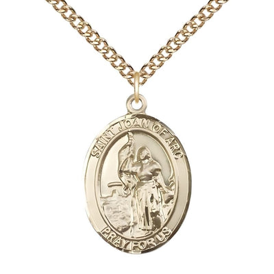 St. Joan of Arc 14kt Gold-filled Oval Medal Pendant with Gold-filled Chain, Measures 1-inch tall by 3/4-inch wide. Deluxe Gift Box, Bliss Manufacturing