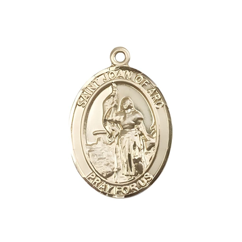 Bliss St. Joan of Arc 14kt Gold Oval Medal Pendant, Measures 1-inch tall by 3/4-inch wide. Deluxe Gift Box.