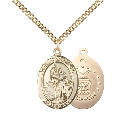 St. Joan of Arc Air Force 14kt Gold Oval Medal Pendant with 14kt Gold Chain, Measures 1-inch tall by 3/4-inch wide. Deluxe Gift Box, Bliss Manufacturing