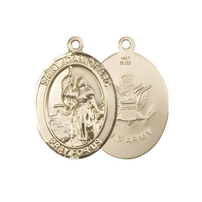 St. Joan of Arc Army 14kt Gold Oval Medal Pendant, Measures 1-inch tall by 3/4-inch wide. Deluxe Gift Box, Bliss Manufacturing