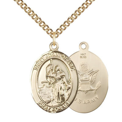 St. Joan of Arc Army 14kt Gold Oval Medal Pendant with 14kt Gold Chain, Measures 1-inch tall by 3/4-inch wide. Deluxe Gift Box, Bliss Manufacturing