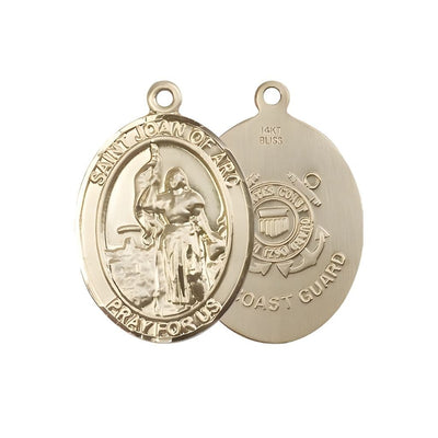 St. Joan of Arc Coast Guard 14kt Gold Oval Medal Pendant, Measures 1-inch tall by 3/4-inch wide. Deluxe Gift Box, Bliss Manufacturing