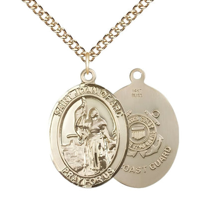 St. Joan of Arc Coast Guard 14kt Gold Oval Medal Pendant with 14kt Gold Chain, Measures 1-inch tall by 3/4-inch wide. Deluxe Gift Box, Bliss Manufacturing