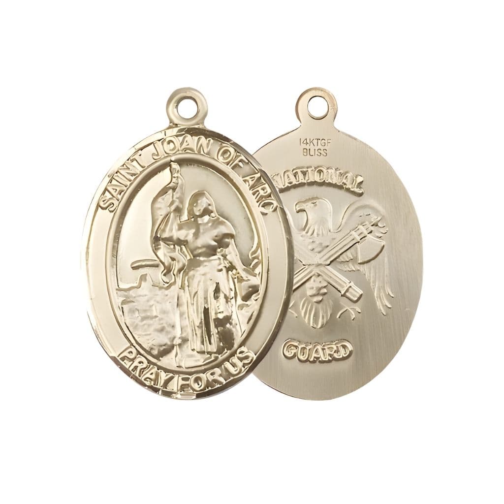 Bliss St. Joan of Arc National Guard 14kt Gold Oval Medal Pendant, Measures 1-inch tall by 3/4-inch wide. Deluxe Gift Box.