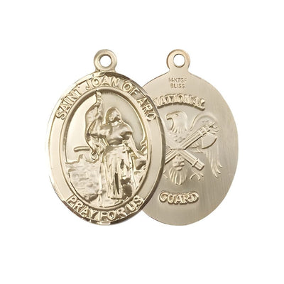 St. Joan of Arc National Guard 14kt Gold Oval Medal Pendant, Measures 1-inch tall by 3/4-inch wide. Deluxe Gift Box, Bliss Manufacturing