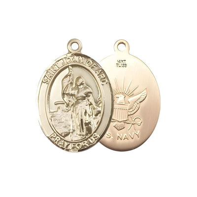 St. Joan of Arc Navy 14kt Gold Oval Medal Pendant, Measures 1-inch tall by 3/4-inch wide. Deluxe Gift Box, Bliss Manufacturing