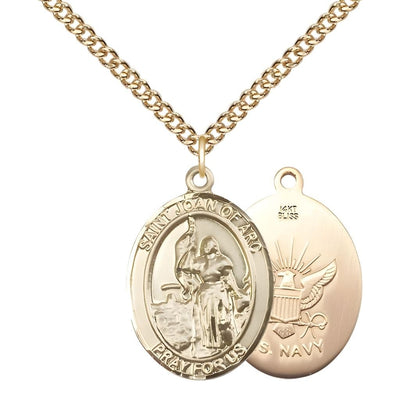 St. Joan Arc of Navy 14kt Gold Oval Medal Pendant with 14kt Gold Chain, Measures 1-inch tall by 3/4-inch wide. Deluxe Gift Box, Bliss Manufacturing