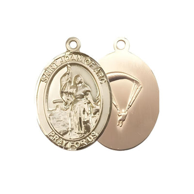 St. Joan of Arc Paratrooper 14kt Gold Oval Medal Pendant, Measures 1-inch tall by 3/4-inch wide. Deluxe Gift Box, Bliss Manufacturing
