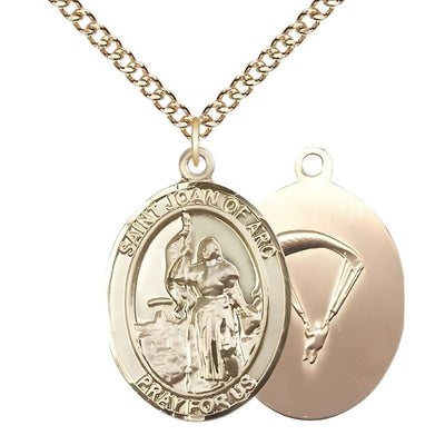 St. Joan of Arc Paratrooper 14kt Gold Oval Medal Pendant with 14kt Gold Chain, Measures 1-inch tall by 3/4-inch wide. Deluxe Gift Box, Bliss Manufacturing