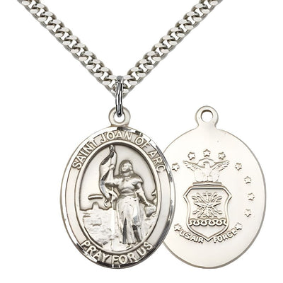 Air Force St. Joan of Arc Pewter Oval Medal Pendant with Rhodium-plated Chain, Measures 1-inch tall by 3/4-inch wide. Deluxe Gift Box, Bliss Manufacturing