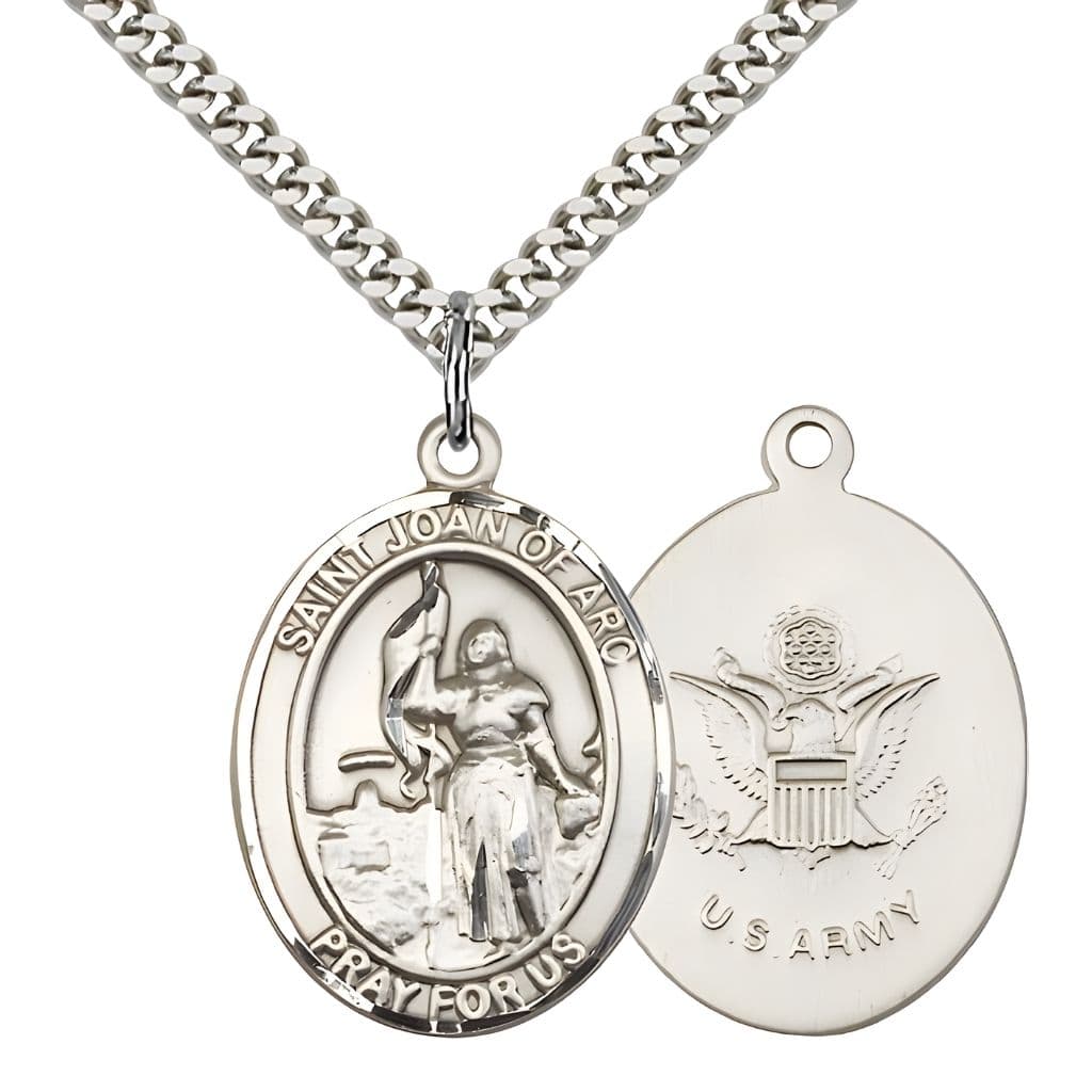 Bliss Army St. Joan of Arc Pewter Oval Medal Pendant with Rhodium-plated Chain, Measures 1-inch tall by 3/4-inch wide. Deluxe Gift Box.