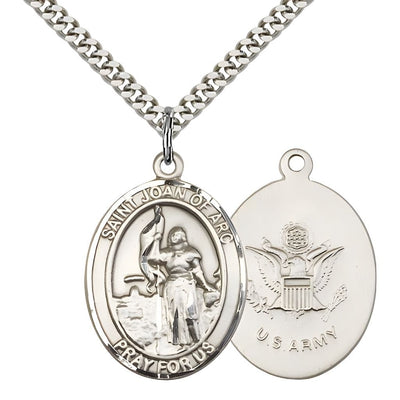 Army St. Joan of Arc Pewter Oval Medal Pendant with Rhodium-plated Chain, Measures 1-inch tall by 3/4-inch wide. Deluxe Gift Box, Bliss Manufacturing