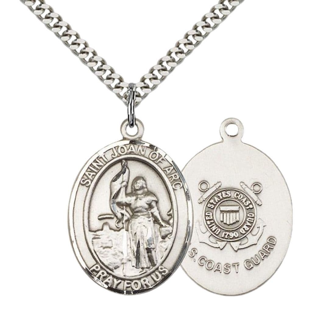 Bliss Coast Guard St. Joan of Arc Pewter Oval Medal Pendant with Rhodium-plated Chain, Measures 1-inch tall by 3/4-inch wide. Deluxe Gift Box.