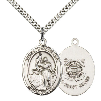 Coast Guard St. Joan of Arc Pewter Oval Medal Pendant with Rhodium-plated Chain, Measures 1-inch tall by 3/4-inch wide. Deluxe Gift Box, Bliss Manufacturing