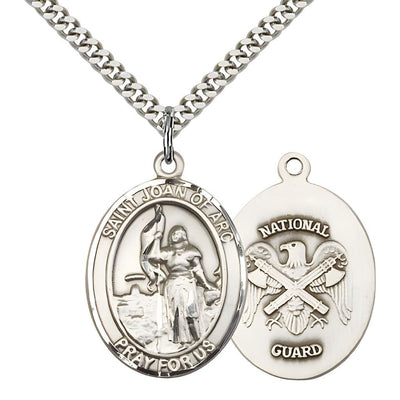 National Guard St. Joan of Arc Pewter Oval Medal Pendant with Rhodium-plated Chain, Measures 1-inch tall by 3/4-inch wide. Deluxe Gift Box, Bliss Manufacturing