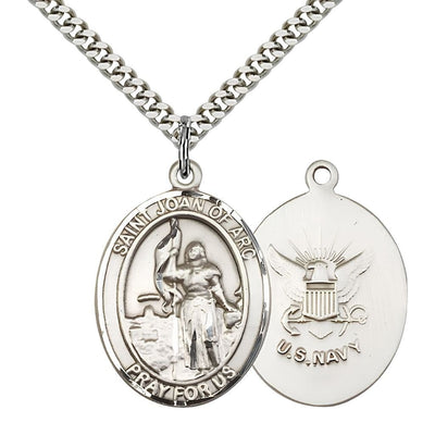 Navy St. Joan of Arc Pewter Oval Medal Pendant with Rhodium-plated Chain, Measures 1-inch tall by 3/4-inch wide. Deluxe Gift Box, Bliss Manufacturing