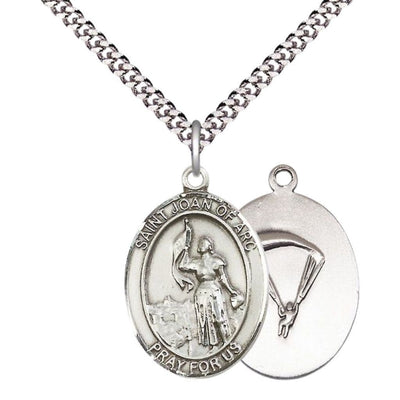 Paratrooper St. Joan of Arc Pewter Oval Medal Pendant with Rhodium-plated Chain, Measures 1-inch tall by 3/4-inch wide. Deluxe Gift Box, Bliss Manufacturing