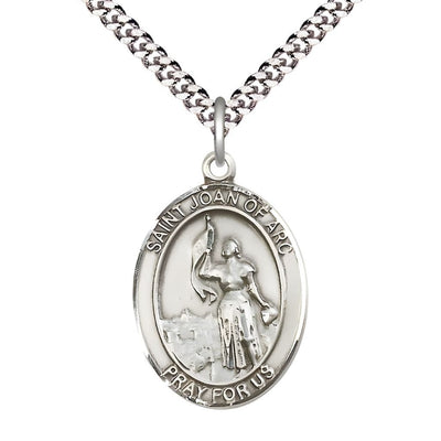 St. Joan of Arc Pewter Oval Medal Pendant with Rhodium-plated Chain, Measures 1-inch tall by 3/4-inch wide. Deluxe Gift Box, Bliss Manufacturing