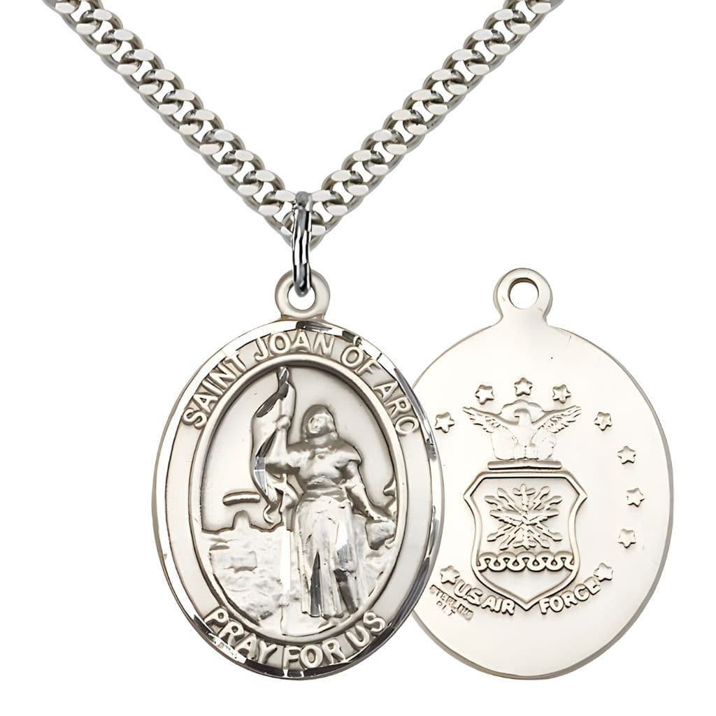 Bliss St. Joan of Arc Air Force Sterling Silver Oval Medal Pendant with Rhodium-plated Chain, Measures 1-inch tall by 3/4-inch wide. Deluxe Gift Box.