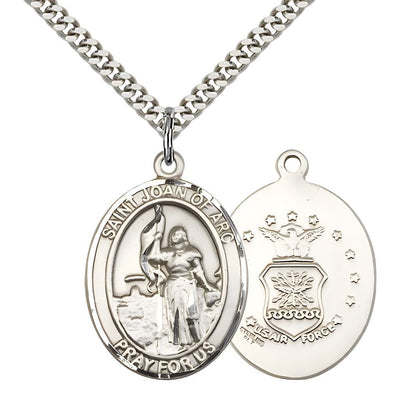 St. Joan of Arc Air Force Sterling Silver Oval Medal Pendant with Rhodium-plated Chain, Measures 1-inch tall by 3/4-inch wide. Deluxe Gift Box, Bliss Manufacturing