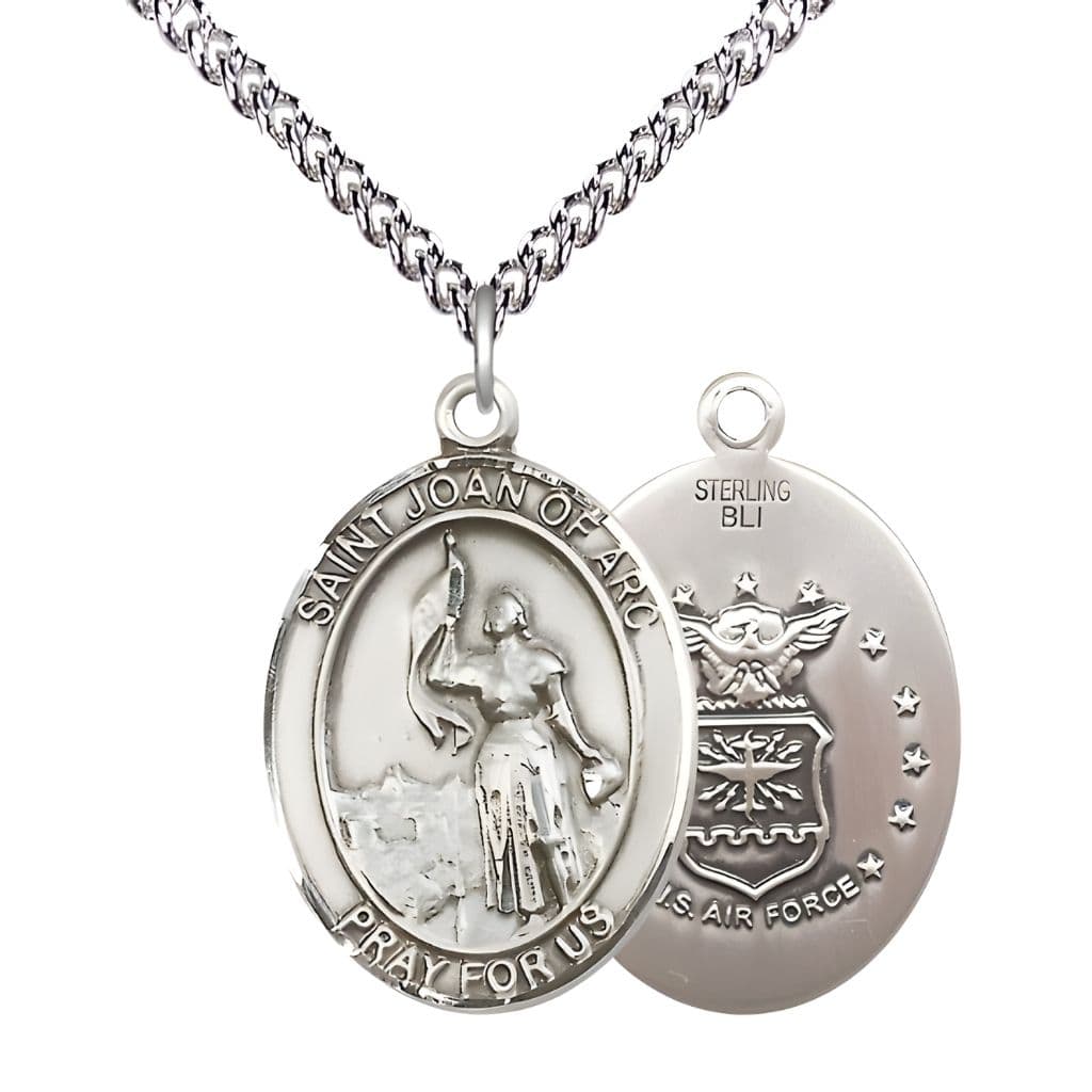 Bliss St. Joan of Arc Air Force Sterling Silver Oval Medal Pendant with Sterling Silver Chain, Measures 1-inch tall by 3/4-inch wide. Deluxe Gift Box.