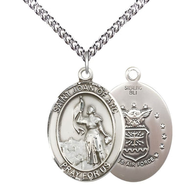 St. Joan of Arc Air Force Sterling Silver Oval Medal Pendant with Sterling Silver Chain, Measures 1-inch tall by 3/4-inch wide. Deluxe Gift Box, Bliss Manufacturing