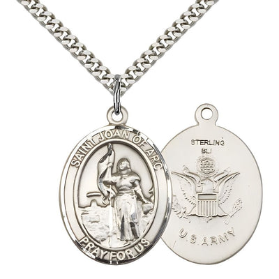 St. Joan of Arc Army Sterling Silver Oval Medal Pendant with Rhodium-plated Chain, Measures 1-inch tall by 3/4-inch wide. Deluxe Gift Box, Bliss Manufacturing