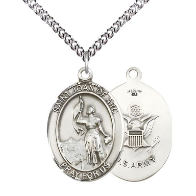 St. Joan of Arc Army Sterling Silver Oval Medal Pendant with Sterling Silver Chain, Measures 1-inch tall by 3/4-inch wide. Deluxe Gift Box, Bliss Manufacturing