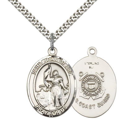 St. Joan of Arc Coast Guard Sterling Silver Oval Medal Pendant with Rhodium-plated Chain, Measures 1-inch tall by 3/4-inch wide. Deluxe Gift Box, Bliss Manufacturing