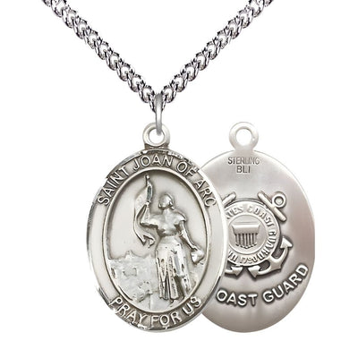 St. Joan of Arc Coast Guard Sterling Silver Oval Medal Pendant with Sterling Silver Chain, Measures 1-inch tall by 3/4-inch wide. Deluxe Gift Box, Bliss Manufacturing