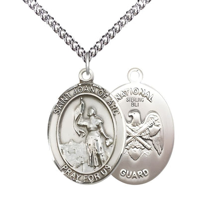 St. Joan of Arc National Guard Sterling Silver Oval Medal Pendant with Sterling Silver Chain, Measures 1-inch tall by 3/4-inch wide. Deluxe Gift Box, Bliss Manufacturing