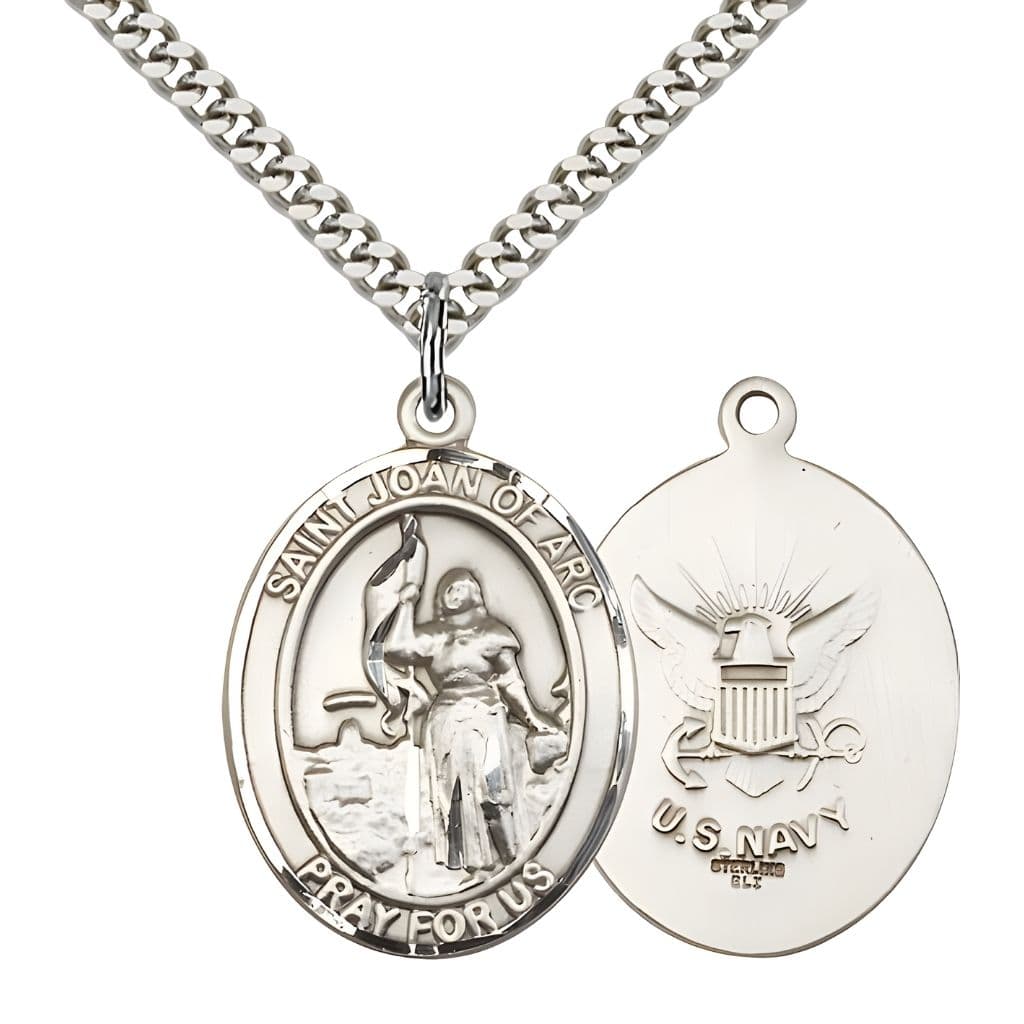 Bliss St. Joan of Arc Navy Sterling Silver Oval Medal Pendant with Rhodium-plated Chain, Measures 1-inch tall by 3/4-inch wide. Deluxe Gift Box.