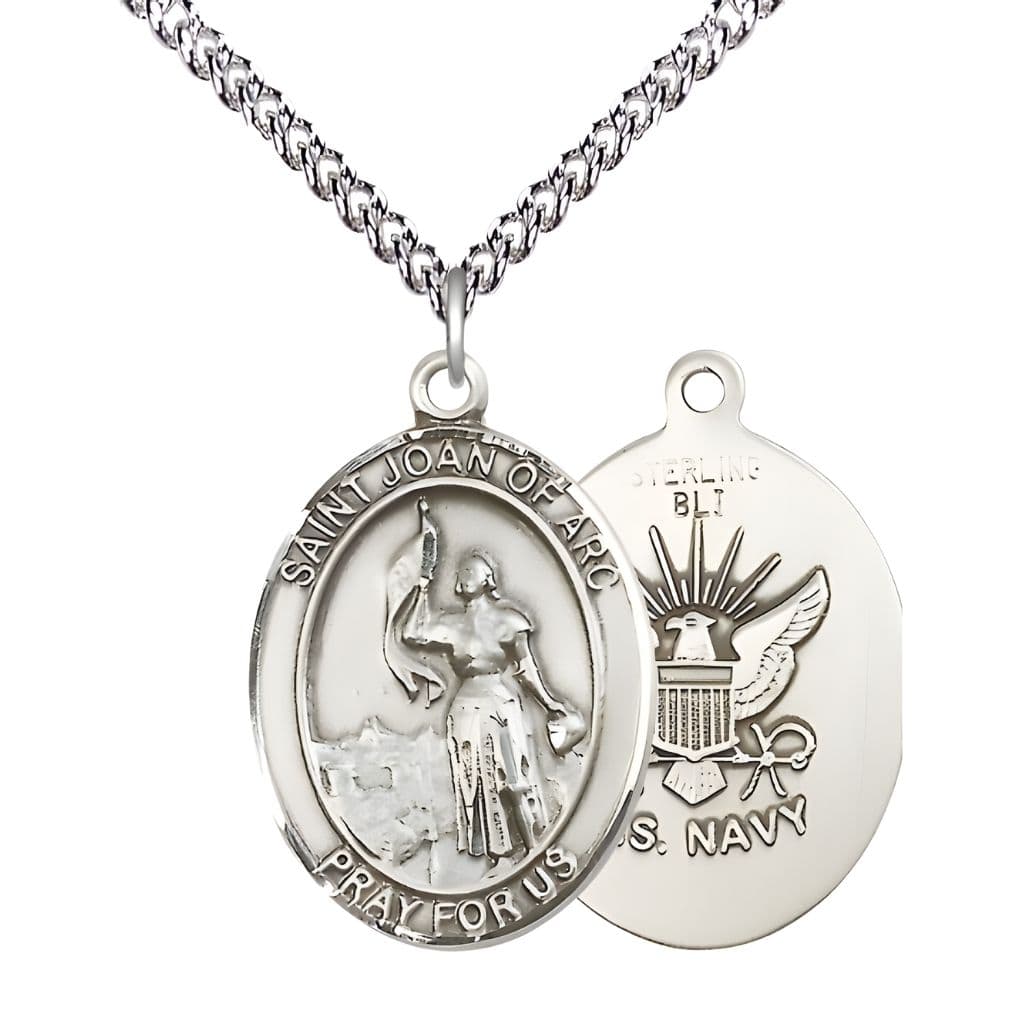 Bliss St. Joan of Arc Navy Sterling Silver Oval Medal Pendant with Sterling Silver Chain, Measures 1-inch tall by 3/4-inch wide. Deluxe Gift Box.