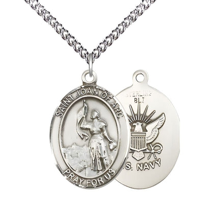 St. Joan of Arc Navy Sterling Silver Oval Medal Pendant with Sterling Silver Chain, Measures 1-inch tall by 3/4-inch wide. Deluxe Gift Box, Bliss Manufacturing
