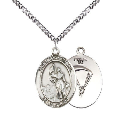 St. Joan of Arc Paratrooper Sterling Silver Oval Medal Pendant with Sterling Silver Chain, Measures 1-inch tall by 3/4-inch wide. Deluxe Gift Box, Bliss Manufacturing