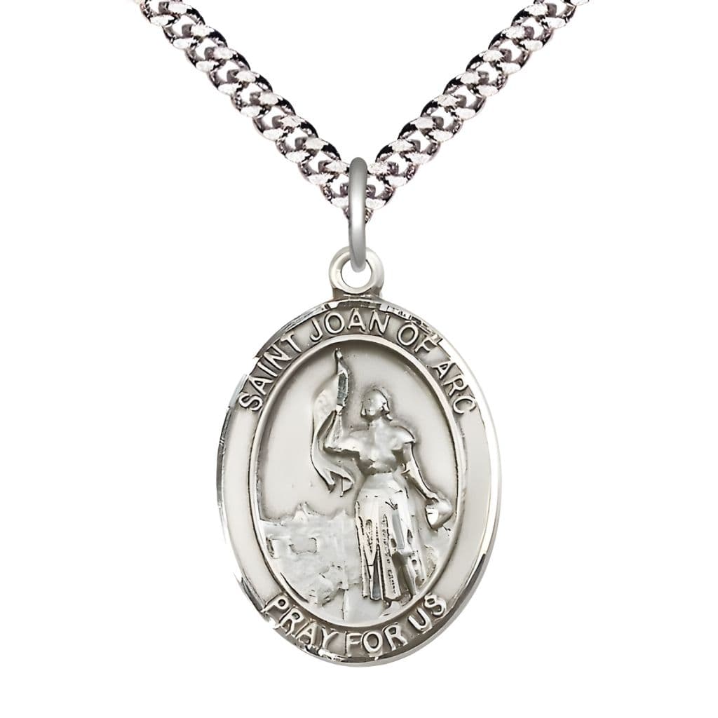 Bliss St. Joan of Arc Sterling Silver Oval Medal Pendant with Rhodium-plated Chain, Measures 1-inch tall by 3/4-inch wide. Deluxe Gift Box.