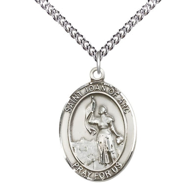 St. Joan of Arc Sterling Silver Oval Medal Pendant with Sterling Silver Chain, Measures 1-inch tall by 3/4-inch wide. Deluxe Gift Box, Bliss Manufacturing