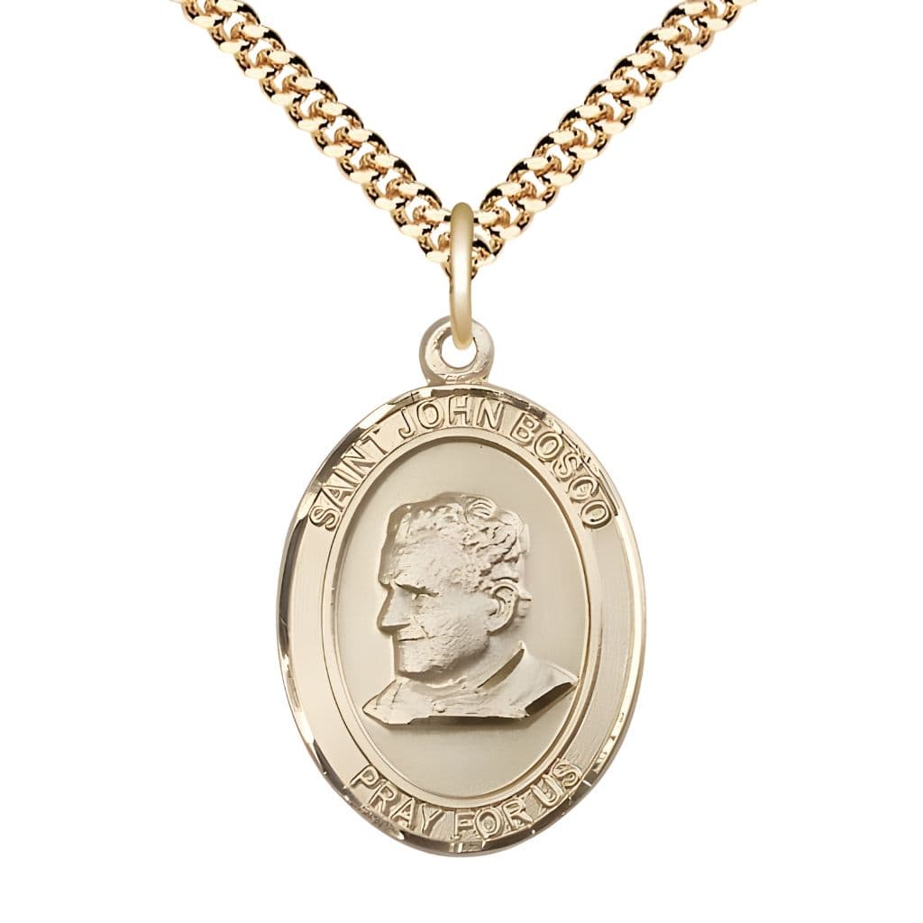 Bliss St. John Bosco 14kt Gold-filled Oval Medal Pendant with Gold-plated Chain, Measures 1-inch tall by 3/4-inch wide.