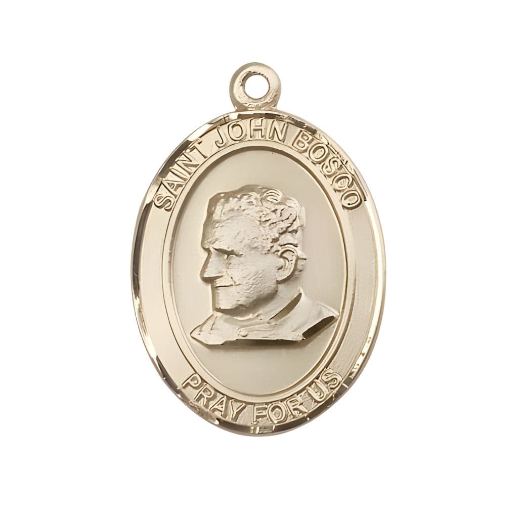 Bliss St. John Bosco 14kt Gold Oval Medal Pendant, Measures 1-inch tall by 3/4-inch wide.