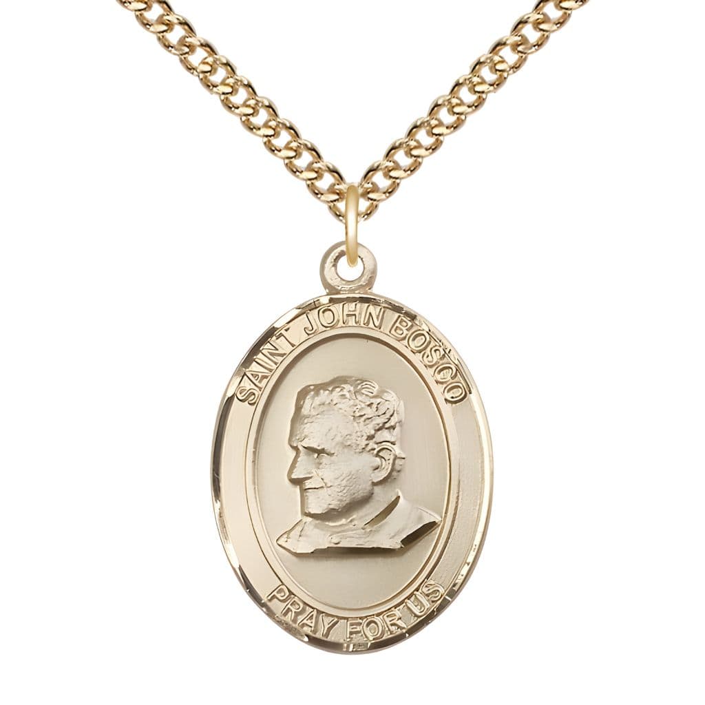 Bliss St. John Bosco 14kt Gold Oval Medal Pendant with 14kt Gold Chain, Measures 1-inch tall by 3/4-inch wide.