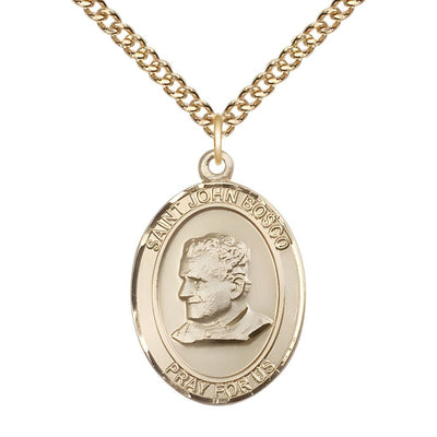 St. John Bosco 14kt Gold Oval Medal Pendant with 14kt Gold Chain, Measures 1-inch tall by 3/4-inch wide, Bliss Manufacturing