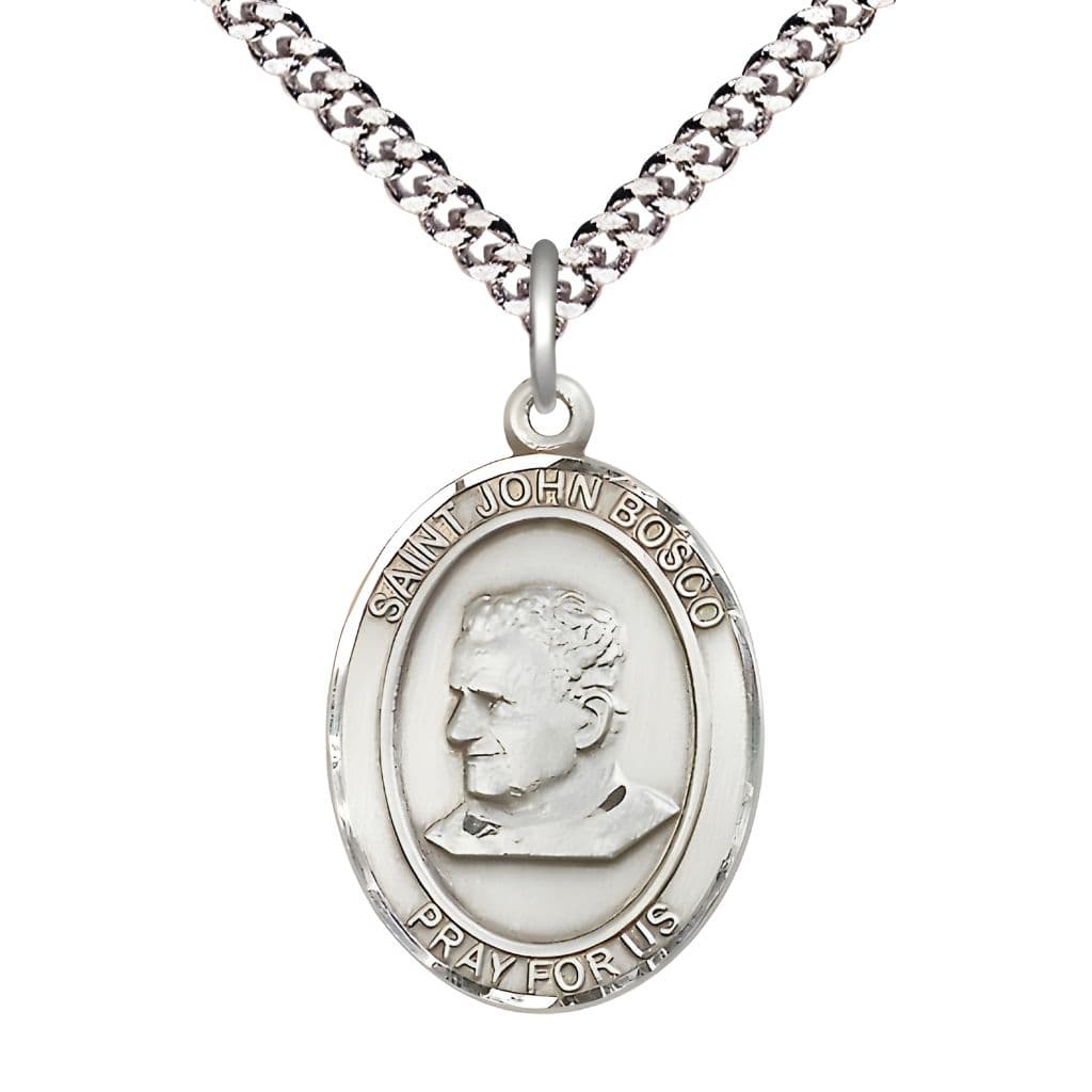 Bliss St. John Bosco Pewter Oval Medal Pendant with Rhodium-plated Chain, Measures 1-inch tall by 3/4-inch wide.