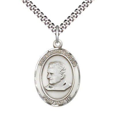 St. John Bosco Pewter Oval Medal Pendant with Rhodium-plated Chain, Measures 1-inch tall by 3/4-inch wide, Bliss Manufacturing