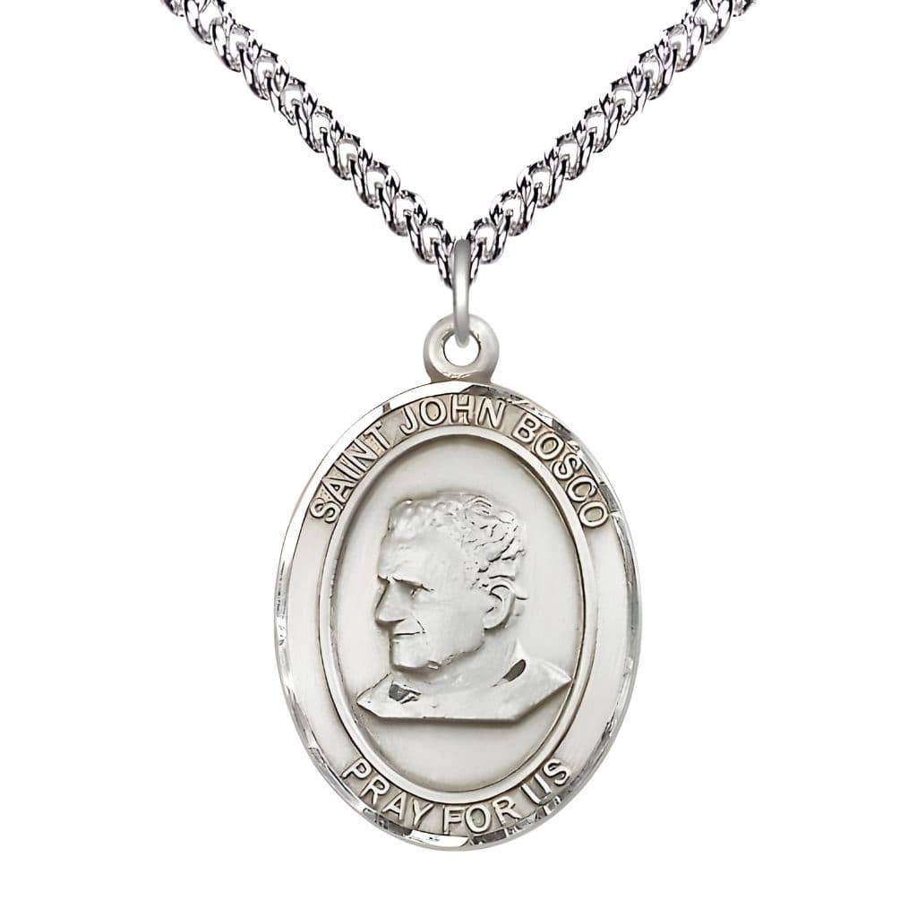 Bliss St. John Bosco Sterling Silver Oval Medal Pendant with Sterling Chain, Measures 1-inch tall by 3/4-inch wide.