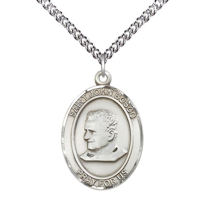 St. John Bosco Sterling Silver Oval Medal Pendant with Sterling Chain, Measures 1-inch tall by 3/4-inch wide, Bliss Manufacturing