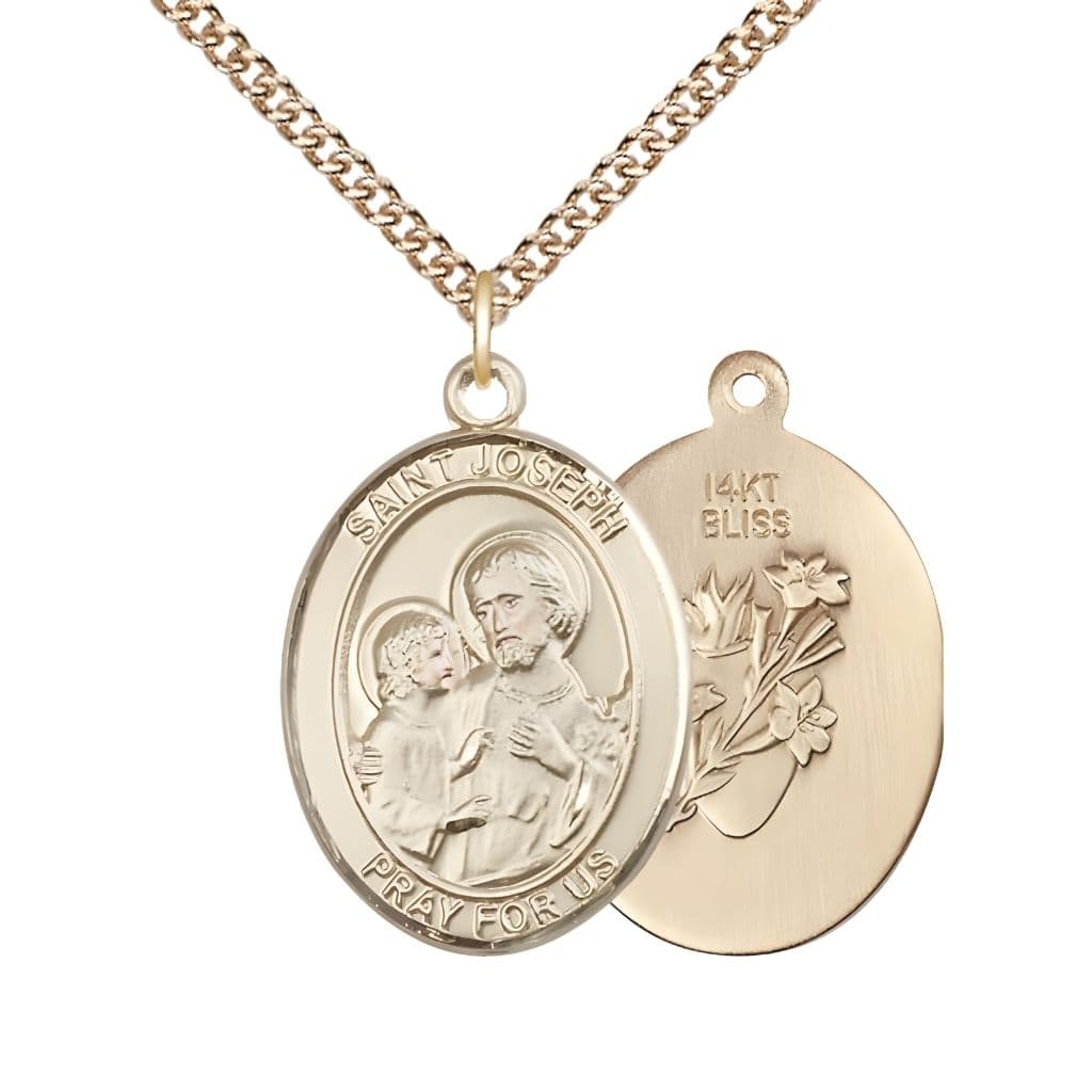 Bliss St Joseph w/ Sacred Heart & Lilies 14kt Gold Oval Saint Large Medal with 14kt Chain,